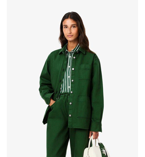 LACOSTE「ウィメンズワーク デニムシャツジャケット / カバーオール」|デニムジャケット|グリーン