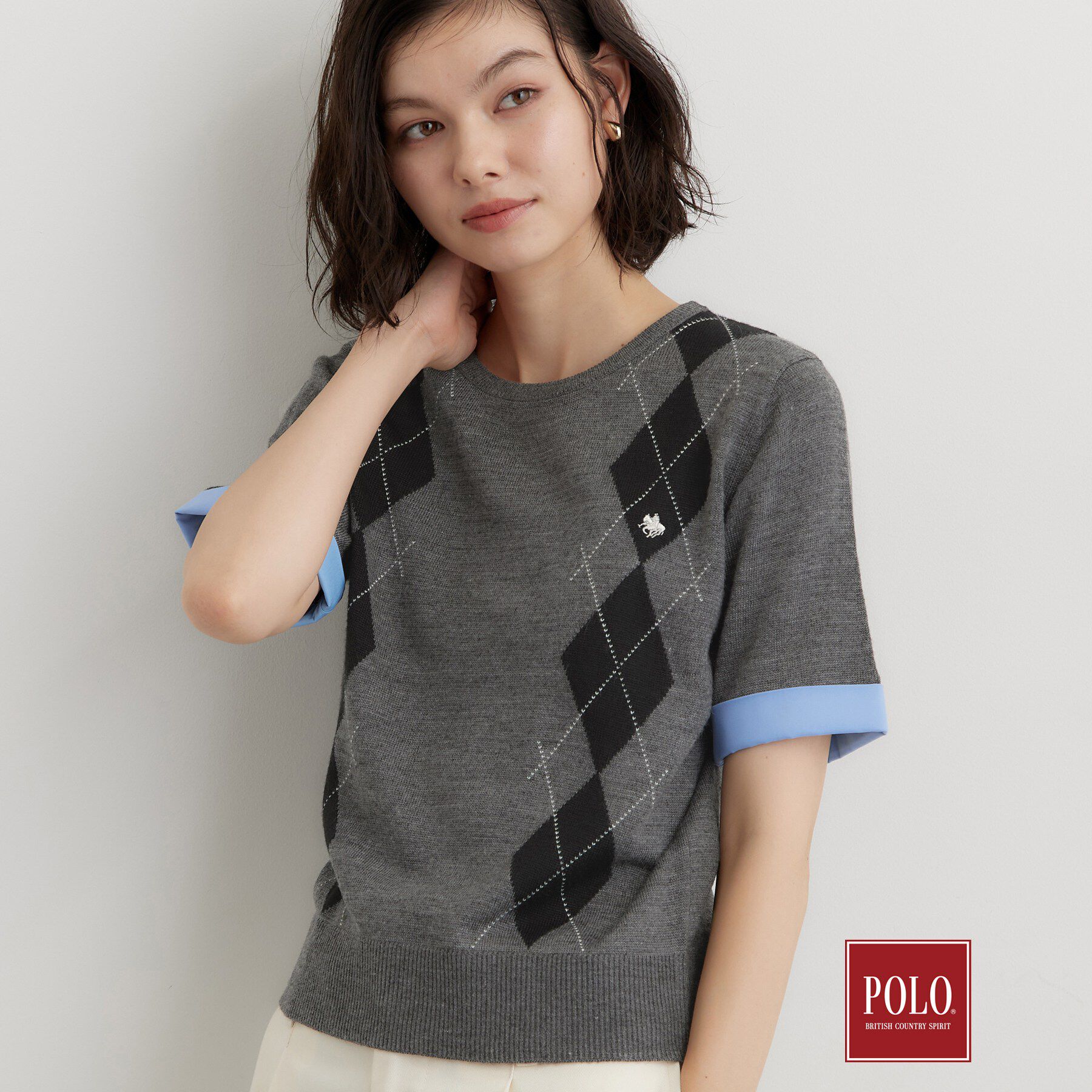 THE SHOP TK「POLO BCS/アーガイル5分袖ニット」|ニット・セーター|グレー(012)