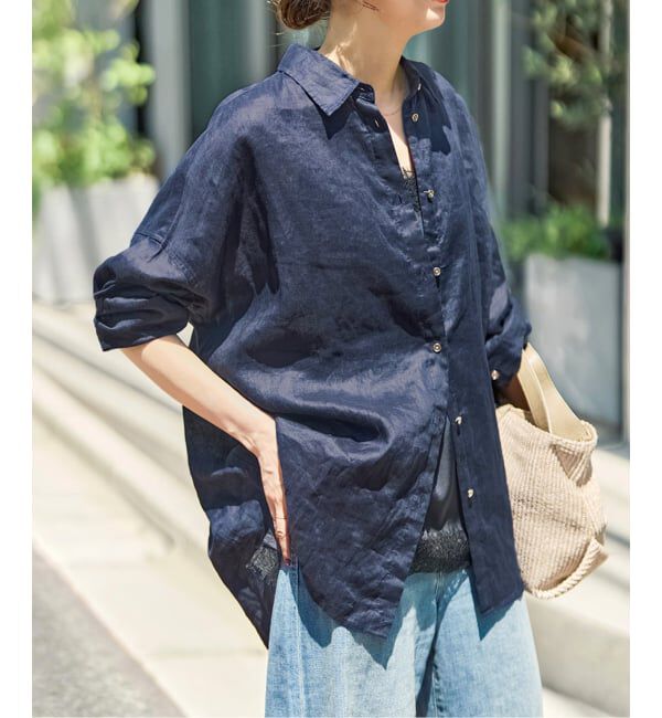 Spick and Span「《追加》 80リネンカシュクール ビッグシャツ」|シャツ・ブラウス|ネイビー