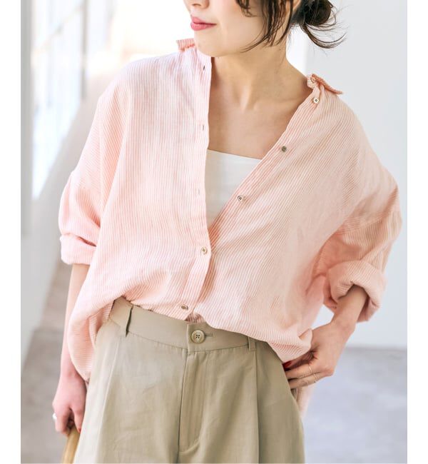 Spick and Span「《追加》 80リネンカシュクール ビッグシャツ」|シャツ・ブラウス|ピンクベース