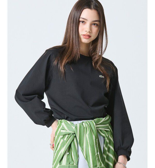 LACOSTE「クロップド丈 バルーンスリーブ ギャザー ロングスリーブTシャツ」|Tシャツ・カットソー|ブラック