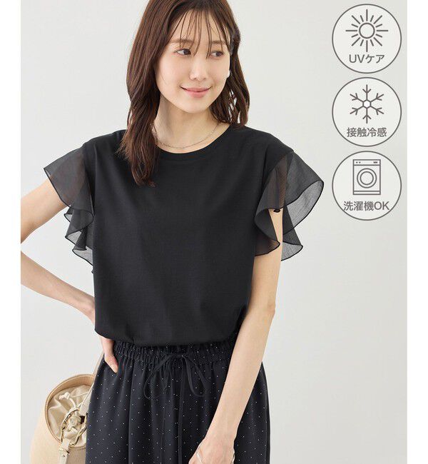 Rope&rsquo;Picnic「【ちゃんと+かわいい保証】70シルケットシアーフリルスリーブトップス/UVケア・接触冷感」|Tシャツ・カットソー|ブラック(01)