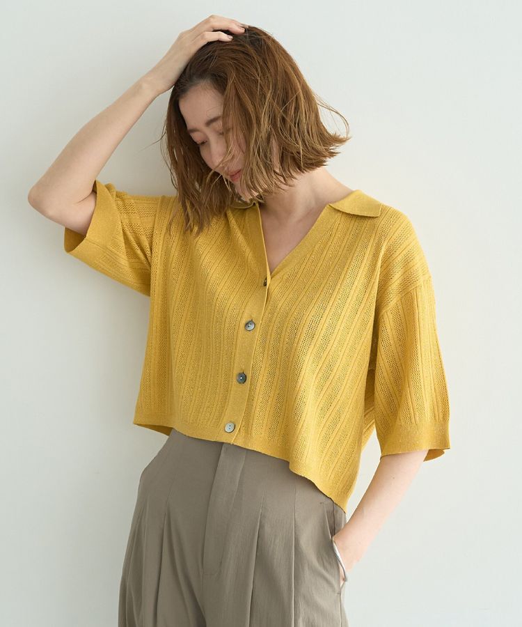 YECCA VECCA「ストライプメッシュニットカーディガン」|カーディガン|Yellow