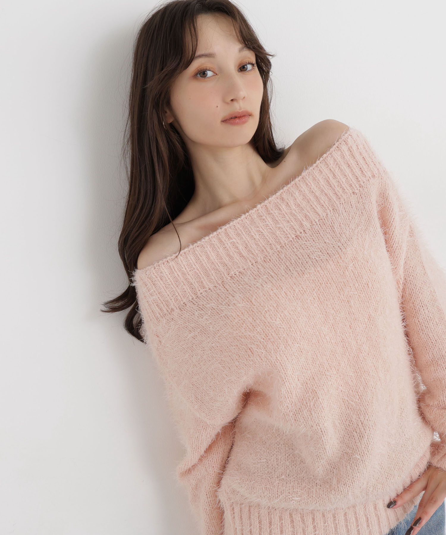  「オフショルヘアリーニット」|ニット・セーター|ピンク
