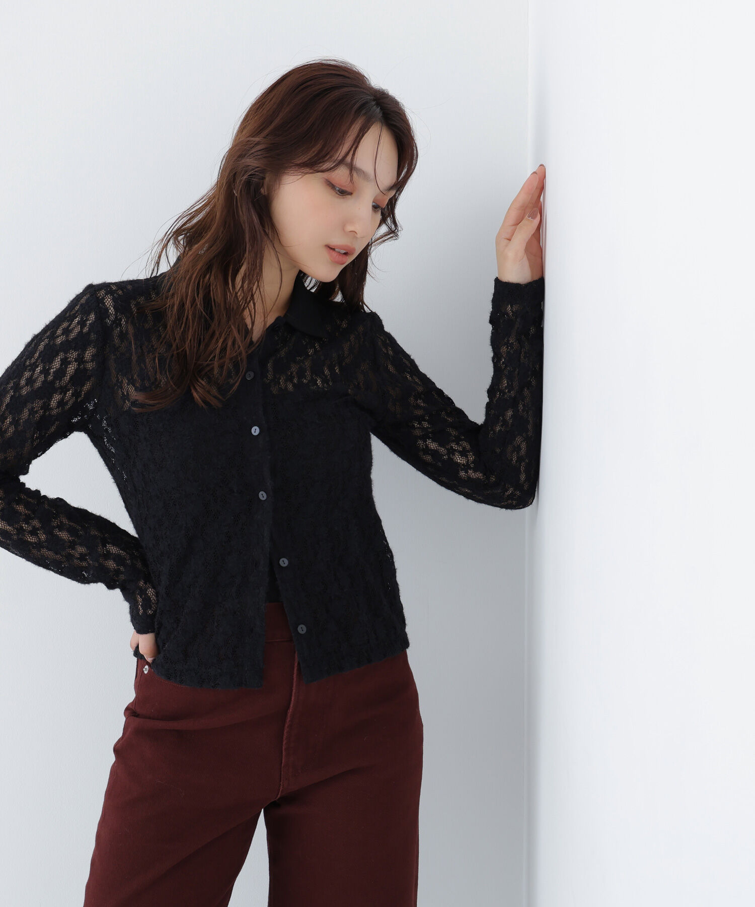  「シャツカラー起毛レースカットソー」|Tシャツ・カットソー|
