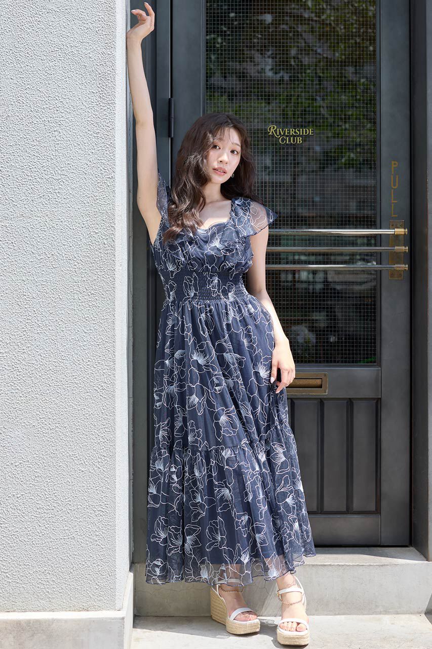 rienda「26エンブロイダリーチュールフレアスリーブワンピース」|ワンピース|NVY