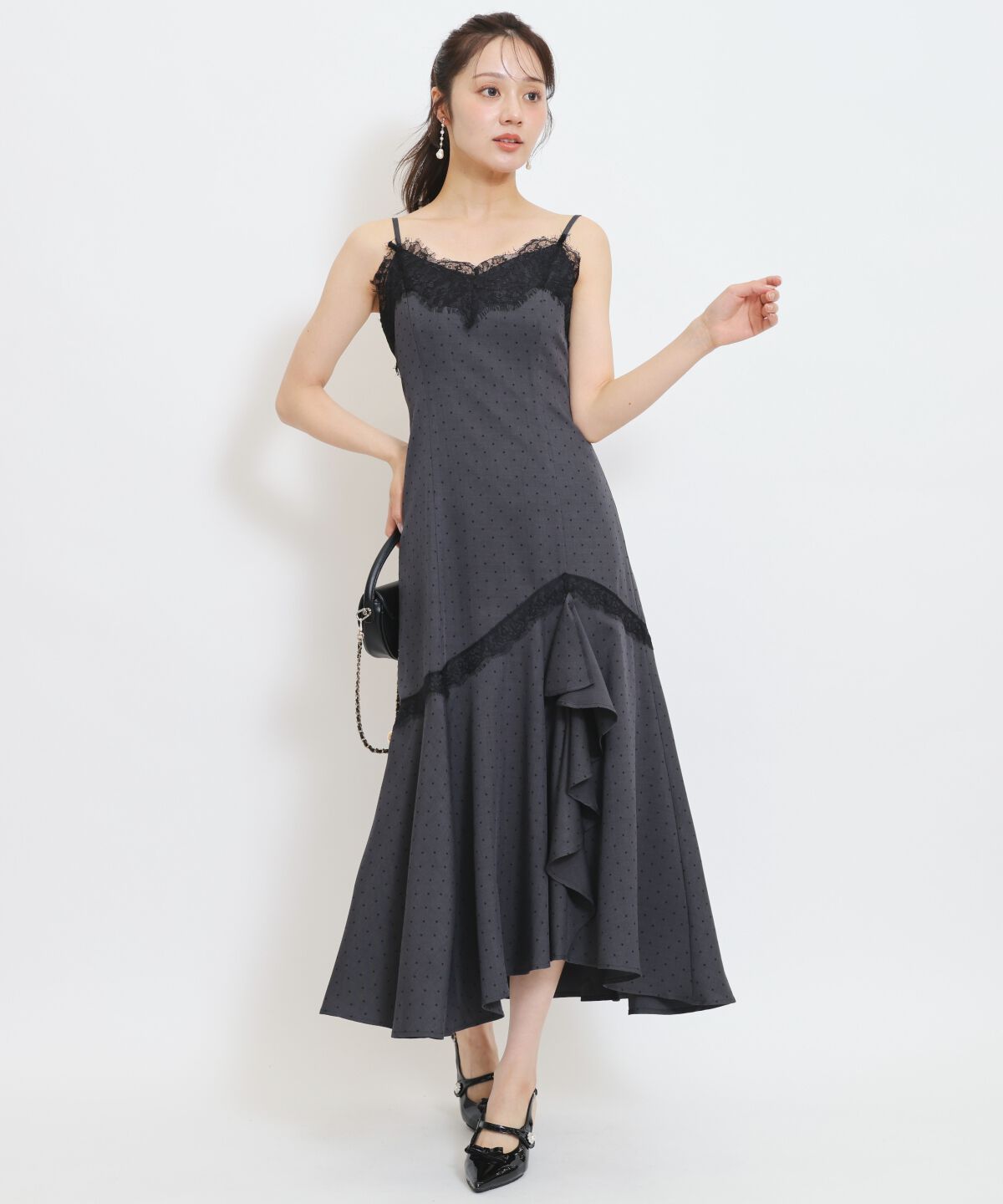 WILLSELECTION「レーストリムラッフルキャミワンピース」|ワンピース|グレー系水玉