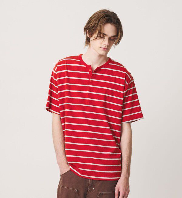 California General Store「＜CGS.＞マルチ ボーダー ヘンリーネック Tシャツ」|Tシャツ・カットソー|RED