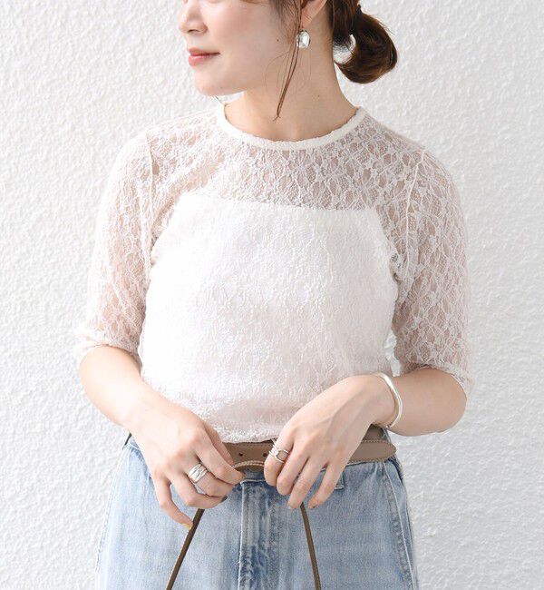 SHIPS for women「〈手洗い可能〉ストレッチ フラワー レース TEE」|Tシャツ・カットソー|オフホワイト