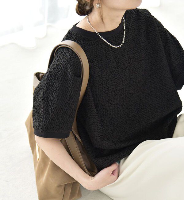 quaranciel「quaranciel:〈洗濯機可能〉カットジャカード ルーズ フレンチスリーブ プルオーバー」|Tシャツ・カットソー|
