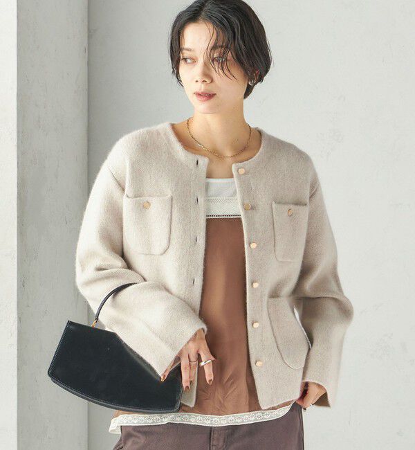SHIPS for women「《予約》〈手洗い可能〉ノーカラー ヘアリー ニット ジャケット」|カーディガン|