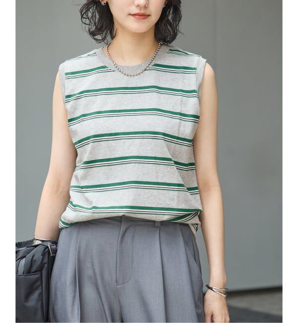 JOURNAL STANDARD「《追加4》汗ジミ防止天竺ボーダーノースリーブ」|Tシャツ・カットソー|グレーA