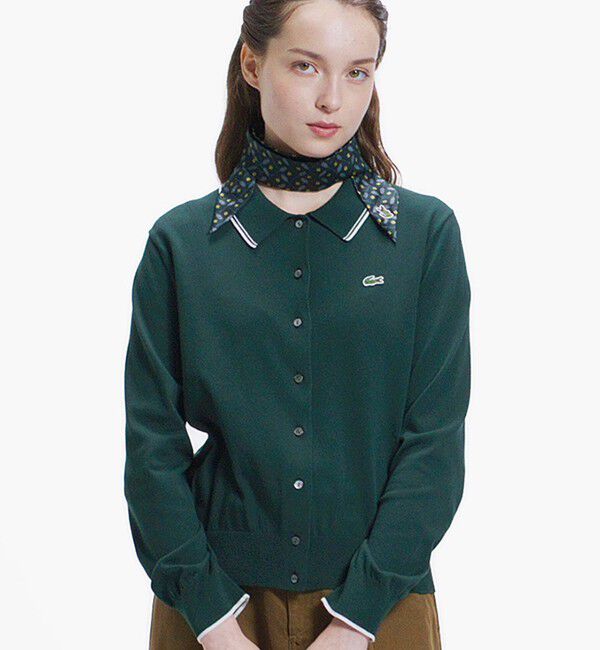 LACOSTE「配色ラインディテールニットポロカーディガン」|カーディガン|ダークグリーン