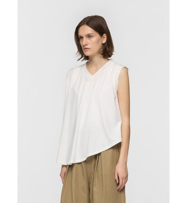 mizuiro ind「mizuiro ind Vネックアシンメトリーノースリーブプルオーバー」|Tシャツ・カットソー|