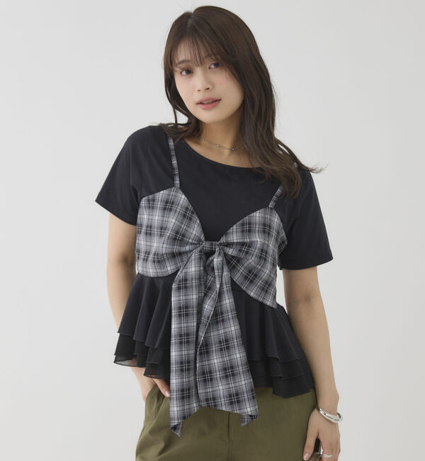 archives「チェックアソートリボンビスチェ&times;ペプラムブラウスＴＥＥ　ＳＥＴ」|カーディガン|BLACK
