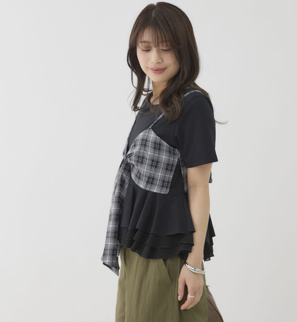 archives「チェックアソートリボンビスチェ&times;ペプラムブラウスＴＥＥ　ＳＥＴ」|カーディガン|