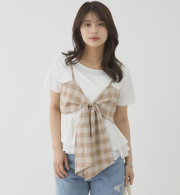 archives「チェックアソートリボンビスチェ&times;ペプラムブラウスＴＥＥ　ＳＥＴ」|カーディガン|