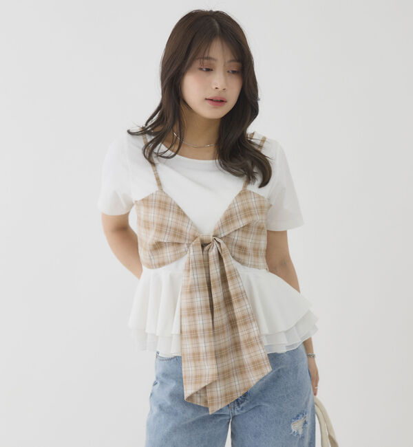 archives「チェックアソートリボンビスチェ&times;ペプラムブラウスＴＥＥ　ＳＥＴ」|カーディガン|