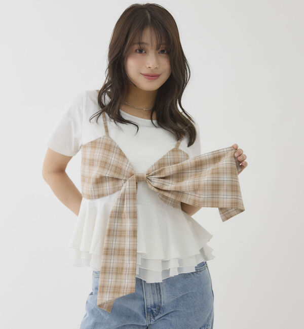 archives「チェックアソートリボンビスチェ&times;ペプラムブラウスＴＥＥ　ＳＥＴ」|カーディガン|