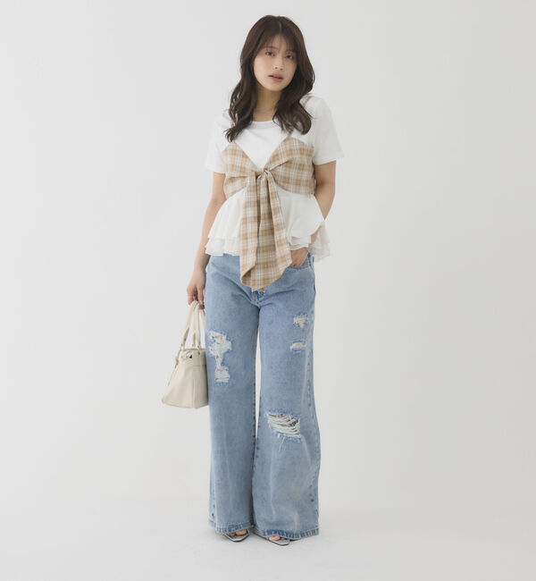 archives「チェックアソートリボンビスチェ&times;ペプラムブラウスＴＥＥ　ＳＥＴ」|カーディガン|