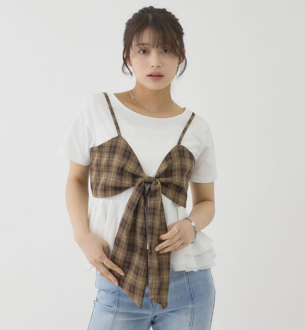 archives「チェックアソートリボンビスチェ&times;ペプラムブラウスＴＥＥ　ＳＥＴ」|カーディガン|
