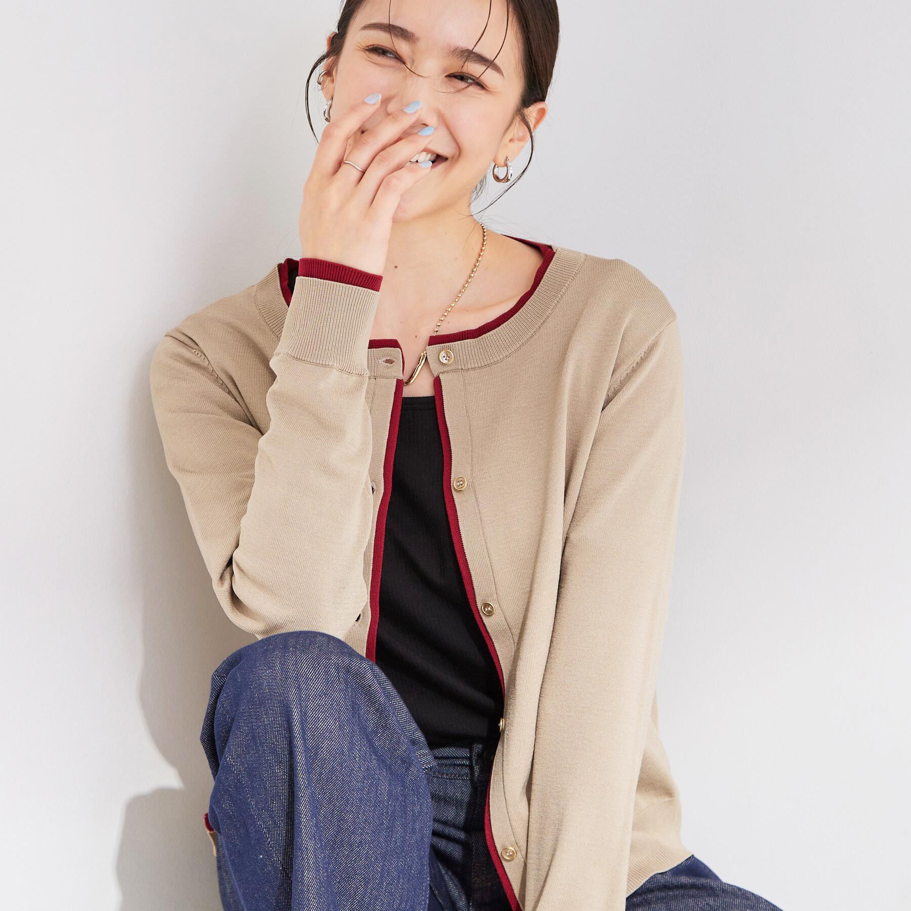 SHOO･LA･RUE「【S-LL/洗濯機可】レイヤード風でこなれ見え 配色カーディガン」|カーディガン|ベージュ(052)