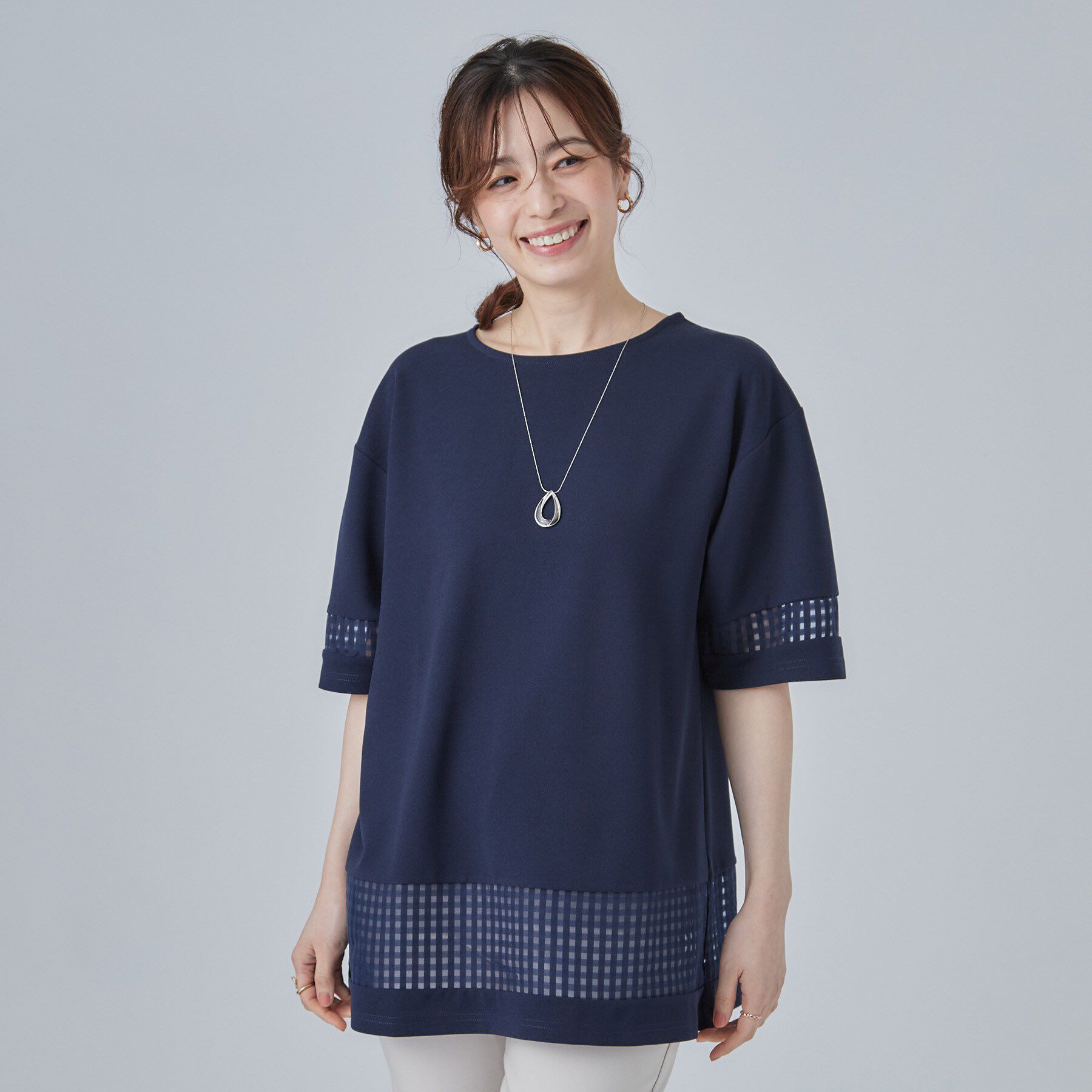 SHOO･LA･RUE「【S-LL】上品に体型カバー 大人のシアーチェックチュニック」|チュニック|