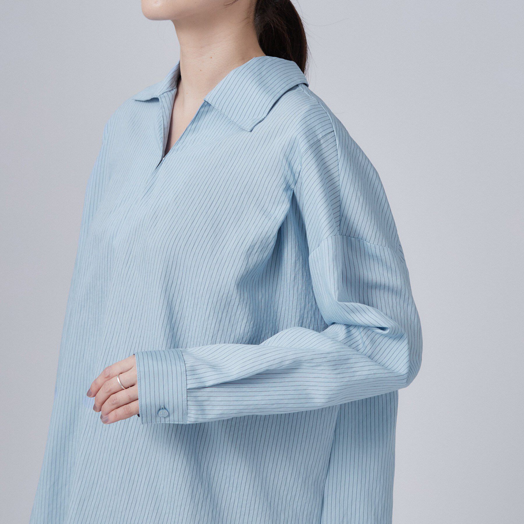 SHOO･LA･RUE「【洗濯機可】インせず決まるAライン ストライプスキッパーシャツ」|シャツ・ブラウス|
