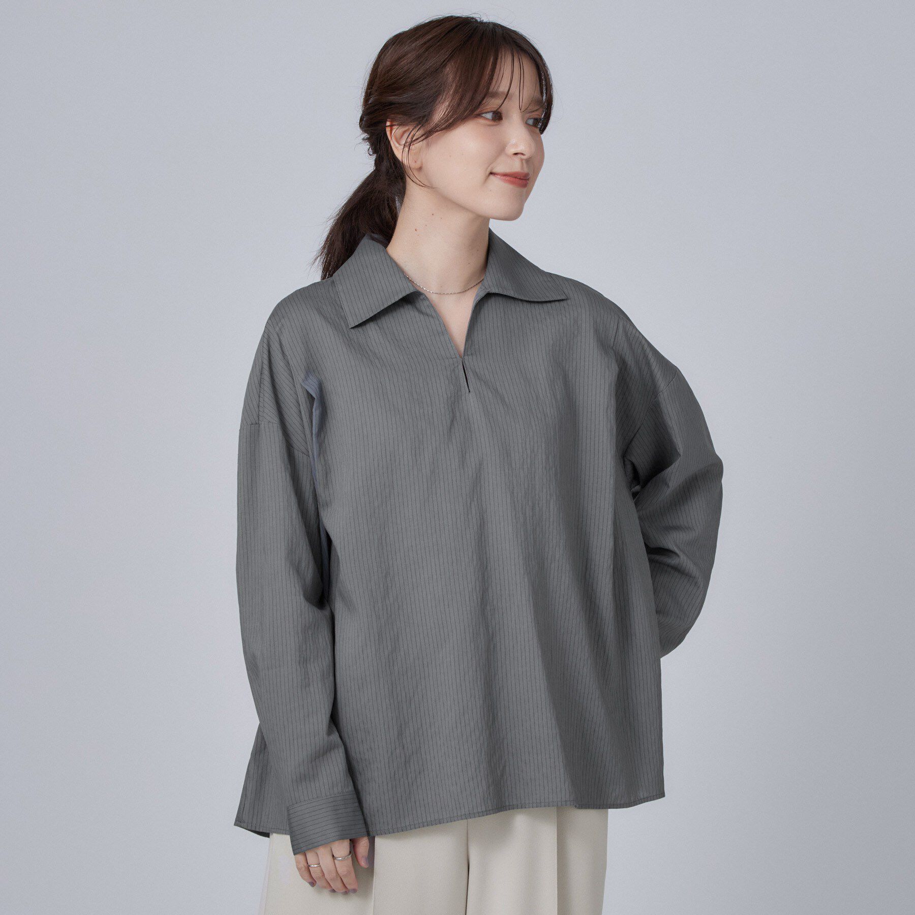 SHOO･LA･RUE「【洗濯機可】インせず決まるAライン ストライプスキッパーシャツ」|シャツ・ブラウス|