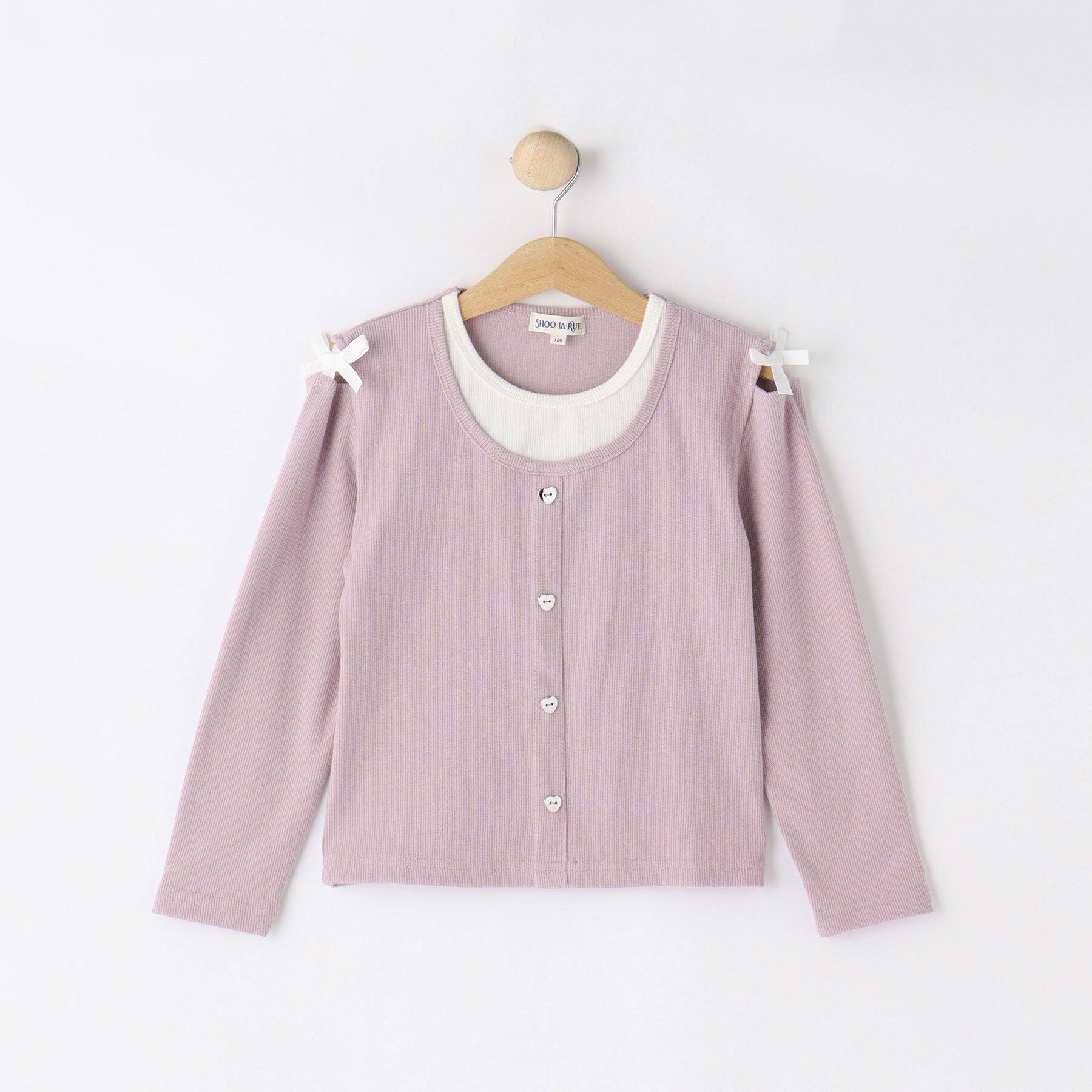 SHOO･LA･RUE「【110-140cm】重ね着風ハートボタンロンT」|Tシャツ・カットソー|ピンク(071)