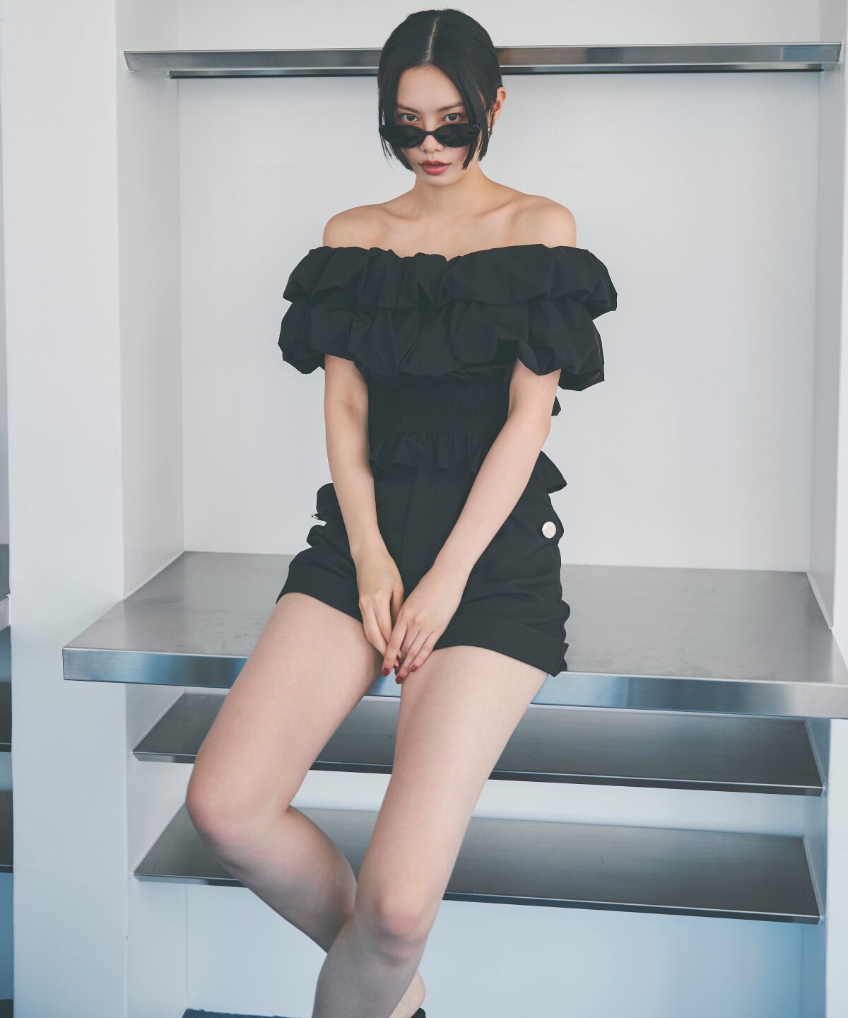 アンドクチュール「ライトタックショートパンツ」|キュロット|ブラック