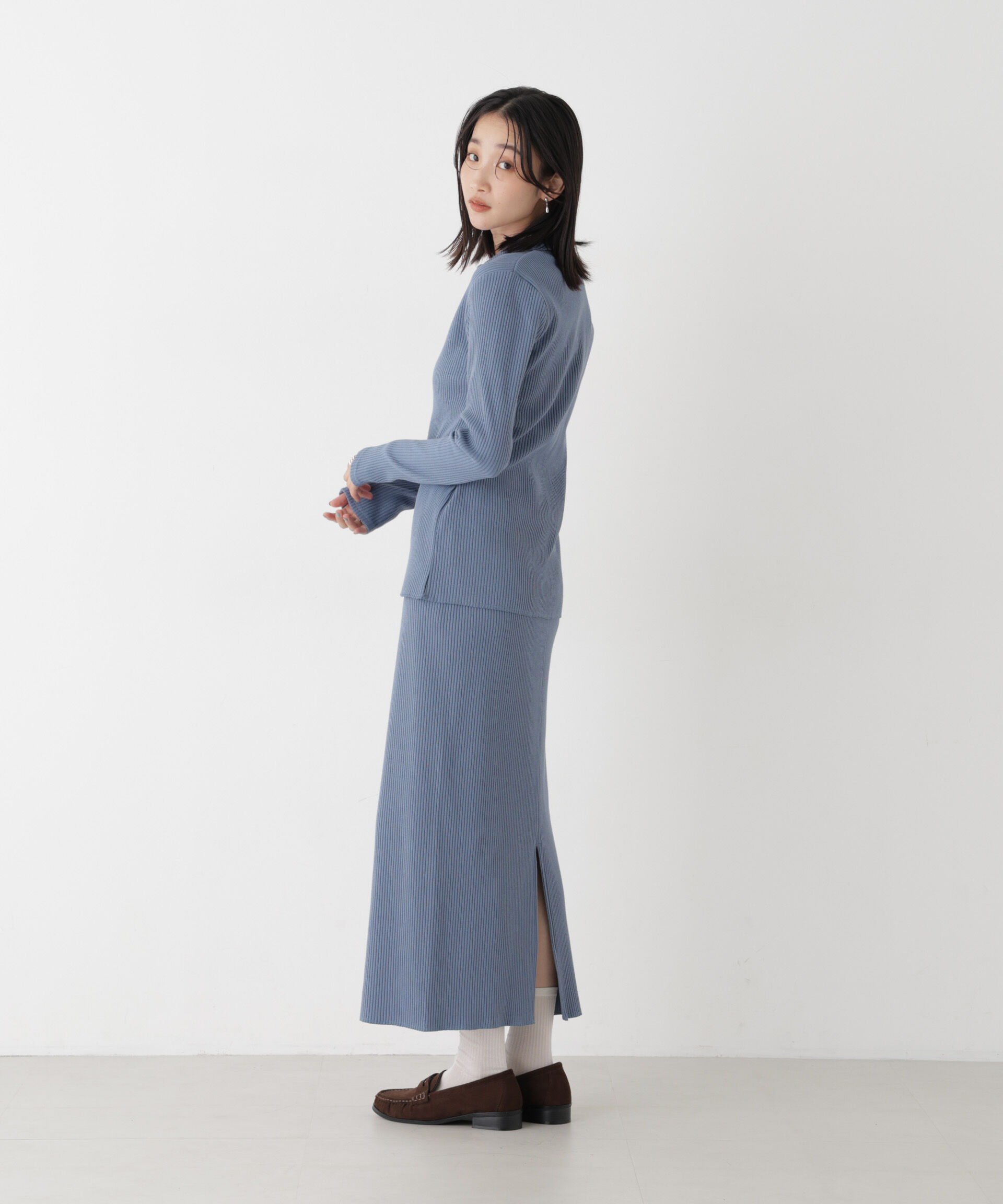 NANO universe「プレーティングリブ衿付きカーディガン(セットアップ可)」|ニット・セーター|