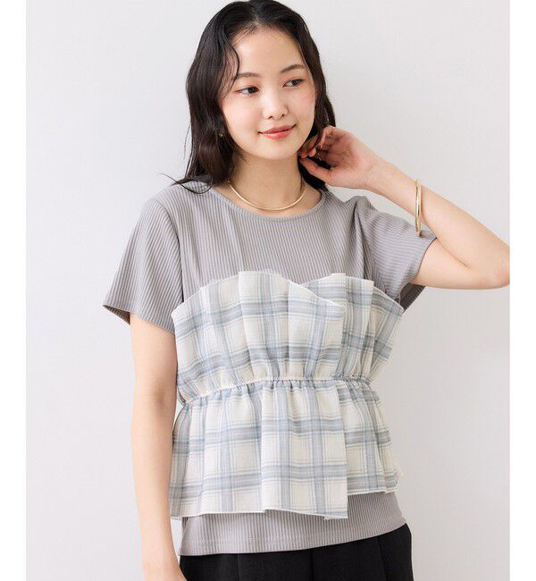 VIS「チェック＆無地シアービスチェドッキング半袖プルオーバー」|Tシャツ・カットソー|グレー(07)