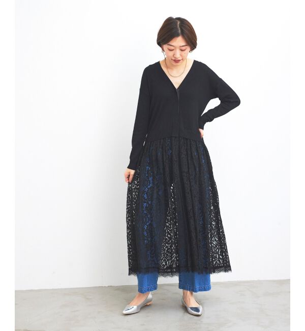 le.coeur blanc「《手洗い可能》TORRAZZO DONNA ニット&times;レース ロングカーデ」|カーディガン|ブラック