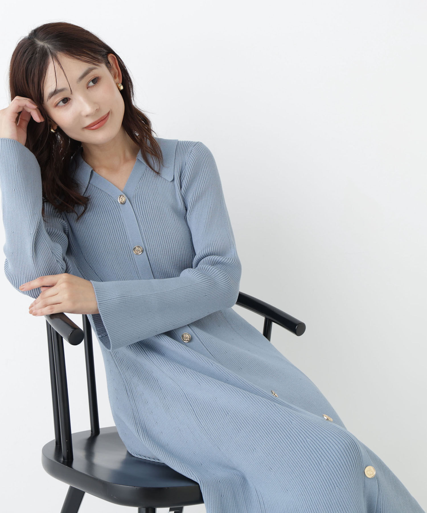  「スキッパーニットワンピース」|ワンピース|ブルー