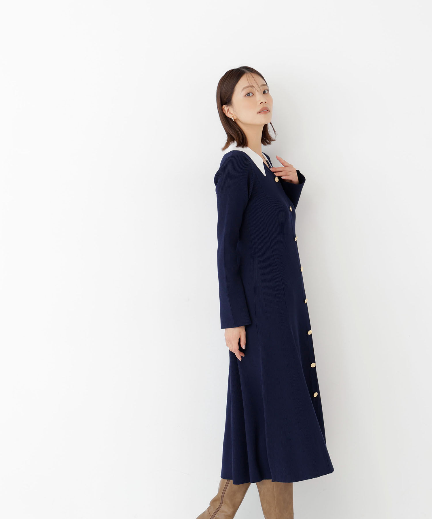  「スキッパーニットワンピース」|ワンピース|