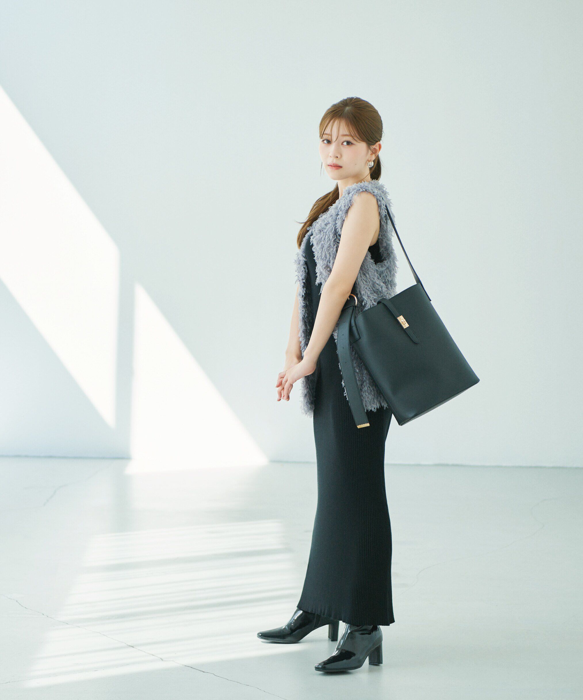 PROPORTION BODY DRESSING「フェザーヤーンジレセットニットワンピース24AW」|ワンピース|ブラック&times;グレ