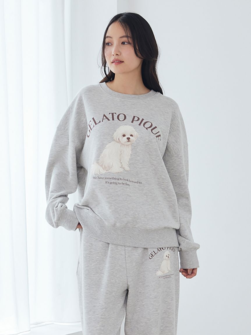 gelato pique「【ラッピング済み】【UVカット】お散歩ドッグワンポイント裏毛プルオーバー&総柄ロングパンツSET」|ルームウェア|