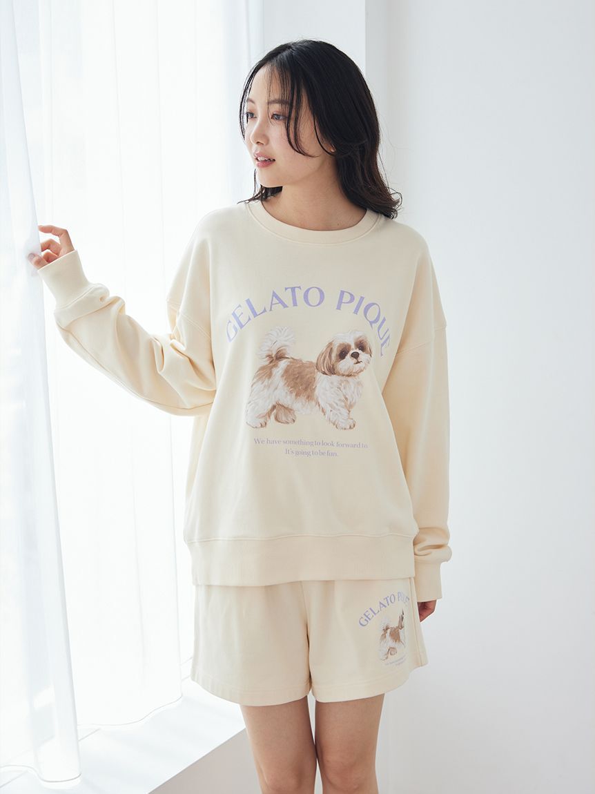 gelato pique「【ラッピング済み】【UVカット】お散歩ドッグワンポイント裏毛プルオーバー&総柄ロングパンツSET」|ルームウェア|