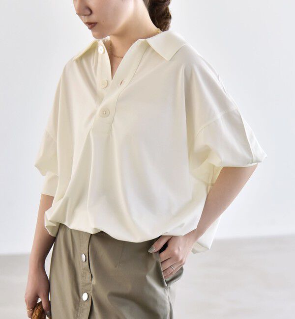 quaranciel「quaranciel:〈接触冷感/洗濯機可能〉シルク ミックス ポンチ ドロスト ポロ プルオーバー」|Tシャツ・カットソー|オフホワイト