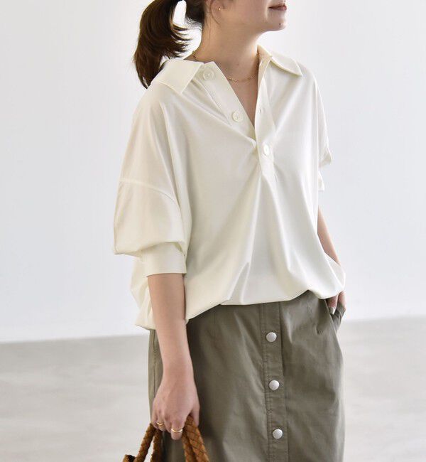 quaranciel「quaranciel:〈接触冷感/洗濯機可能〉シルク ミックス ポンチ ドロスト ポロ プルオーバー」|Tシャツ・カットソー|