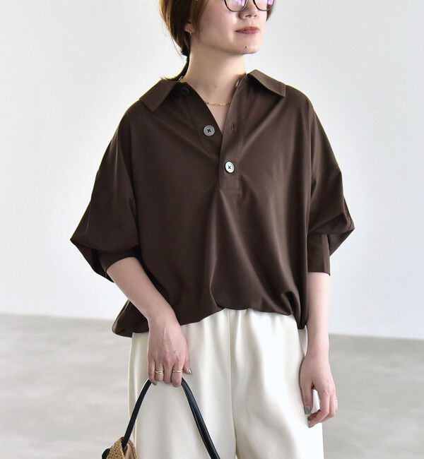quaranciel「quaranciel:〈接触冷感/洗濯機可能〉シルク ミックス ポンチ ドロスト ポロ プルオーバー」|Tシャツ・カットソー|