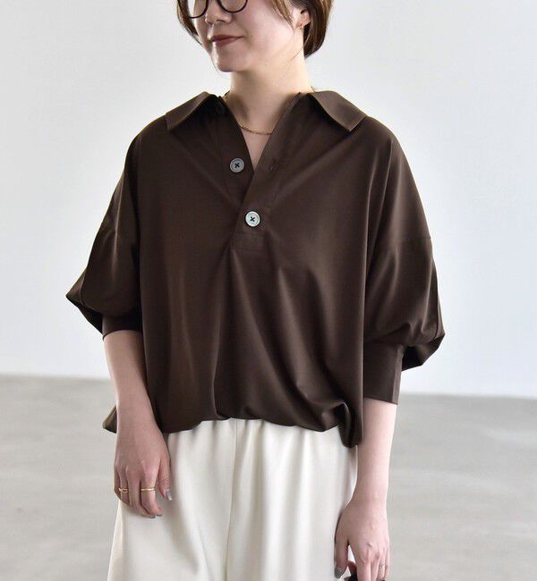 quaranciel「quaranciel:〈接触冷感/洗濯機可能〉シルク ミックス ポンチ ドロスト ポロ プルオーバー」|Tシャツ・カットソー|