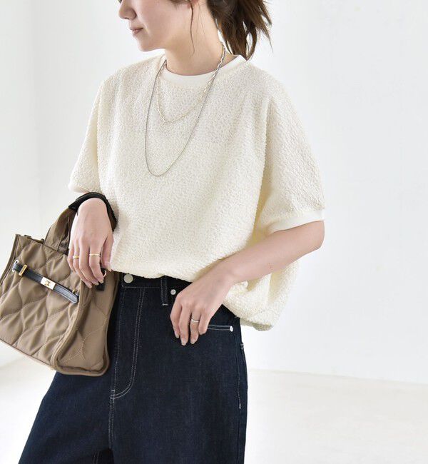 quaranciel「quaranciel:〈洗濯機可能〉カットジャカード ルーズ フレンチスリーブ プルオーバー」|Tシャツ・カットソー|オフホワイト