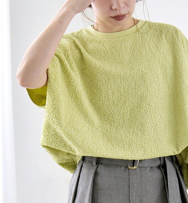 quaranciel「quaranciel:〈洗濯機可能〉カットジャカード ルーズ フレンチスリーブ プルオーバー」|Tシャツ・カットソー|ライトグリーン