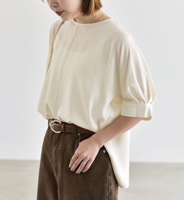 quaranciel「〈手洗い可能〉ストレッチ ジョーゼット ハーフスリーブ コンビ ブラウス」|シャツ・ブラウス|オフホワイト