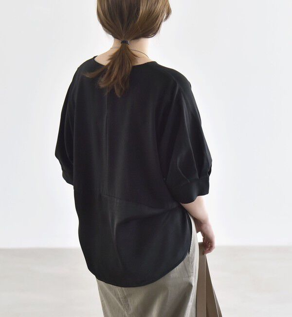 quaranciel「〈手洗い可能〉ストレッチ ジョーゼット ハーフスリーブ コンビ ブラウス」|シャツ・ブラウス|