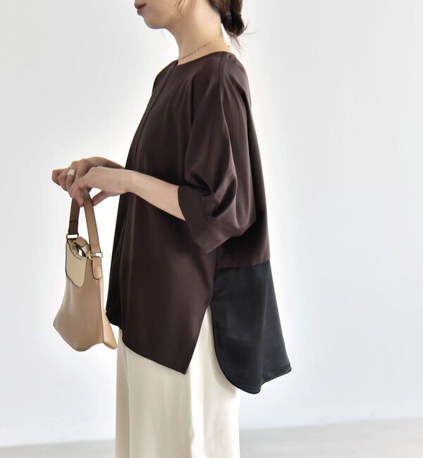 quaranciel「〈手洗い可能〉ストレッチ ジョーゼット ハーフスリーブ コンビ ブラウス」|シャツ・ブラウス|