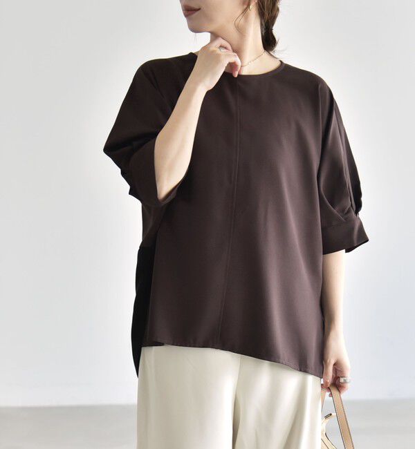 quaranciel「〈手洗い可能〉ストレッチ ジョーゼット ハーフスリーブ コンビ ブラウス」|シャツ・ブラウス|