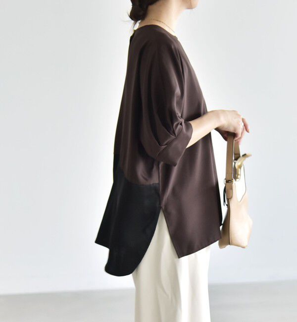 quaranciel「〈手洗い可能〉ストレッチ ジョーゼット ハーフスリーブ コンビ ブラウス」|シャツ・ブラウス|